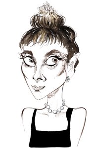 オードリー・ヘップバーン（1929-1993）ベルギー生まれの女優、1961年の映画「ティファニーでの朝食（ブレイク・エドワーズ監督）」のホリー・ゴライトリー役のカラー風刺画 作： Neale Osborne